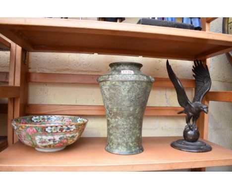 A Chinese famille rose bowl,Â&nbsp;(a.f.); together with an Archaistic style patinated metal vase, 24.5cm high; and a bronze 