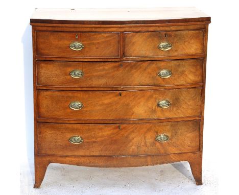 19th century mahogany bow fronted chest of two short over three long graduated drawers on bracket base, h102cm x w99.5cm x d5