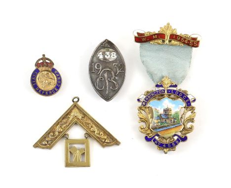 Two silver-gilt Masonic medals, one with enamel plaque for Wennington Lodge No.,4559 1954-55 and turquoise ribbon, together w