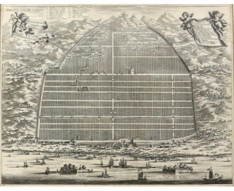 Late 17th century map, Kantonis Plana Effigies depicting Guangzhou (Canton) and the surrounding countryside with ships and ju
