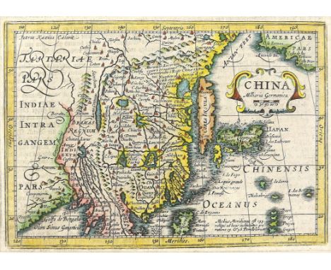 17th century map of China, Hondius, Milliaria Germanica, 13 x 18.5 cms, hand-coloured and with a mount the back visible with 