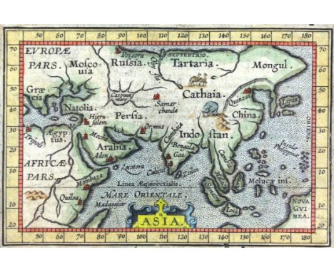 17th century map of Asia in the manner of Abraham Ortelius (1527-98), 8 x 12 cms, hand-coloured coloured, with mount, Heirloo