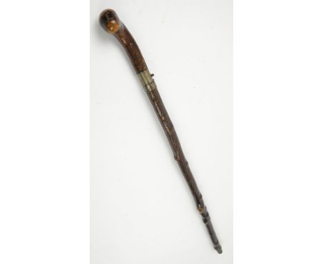 Early 20th century swordstick, with button release mechanism, hardwood and bark sheath, 91.5cm long,