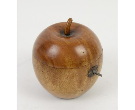 Apple form treen tea caddy with stalk finial, oval escutcheon, hinged cover to reveal foiled interior, h13cm
