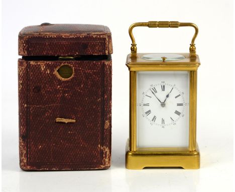 French brass cased repeating carriage clock, white enamel dial with Roman and Arabic numerals, marked Paris to backplate, sta