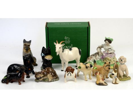 Collection of ceramics figures, to include Royal Doulton Pygmy Goat DA223 (boxed) h13cm, Beswick Beatrix Potter 'Duchess' fig