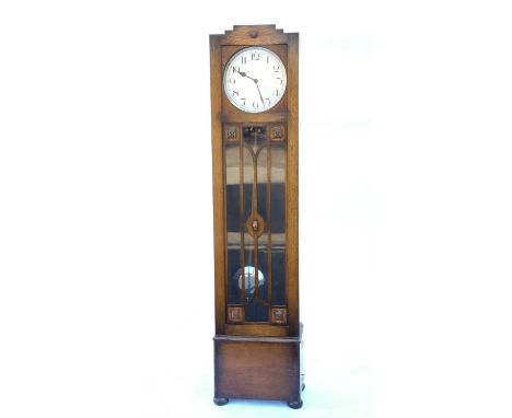 AMENDED DESCRIPTION AND REVISED CONDITION REPORT Art Deco oak longcase clock by Haller, three train movement striking on chim