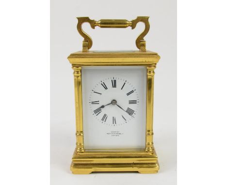 Brass cased carriage clock, examined by Mappin & Webb, white enamel dial with Roman numerals and blued steel hands, 16.5cm hi