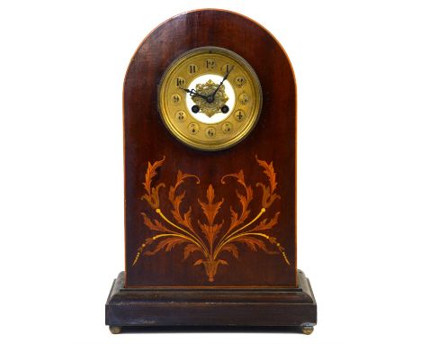 Early 20th century mahogany eight day bracket clock, with floral marquetry inlay, and an arched top, gilt chapter ring with A