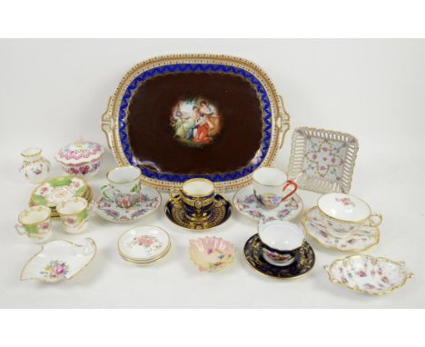 Continental porcelain two handled tray decorated with three classical ladies 45cm wide, pair of Naples cups and saucers appli