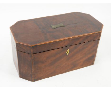 19th century mahogany tea caddy and cover with cross-banded and line inlaid decoration, central clear glass bowl and two cove