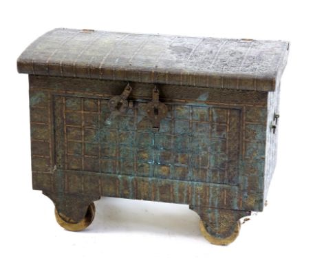 Brass clad domed top trunk, with embossed repeating geometric decoration, on castors, H60 x W78 x D41cm 