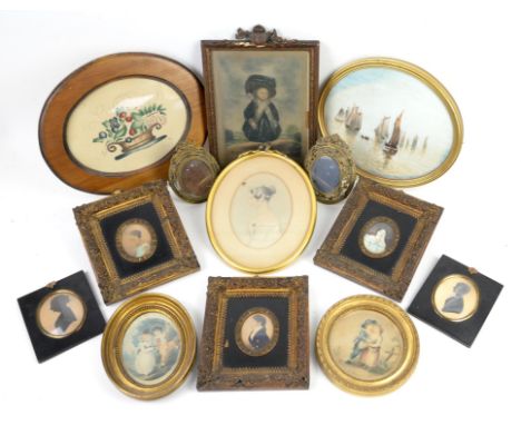 Set of three 19th century oval portrait miniatures, each 7cm x 5.5cm, frame size 20.5cm x 18cm, oval painting on porcelain of