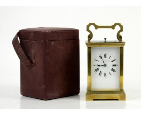 French brass repeating carriage clock, white enamel dial signed 'Hamilton & Cie, Calcutta Dehli Simla', twin train movement r