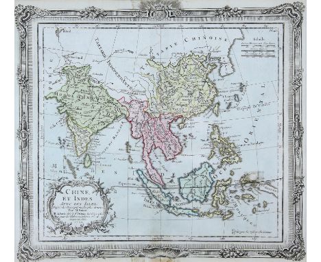 18th century map, Chine et Indes avec les isles by Louis Brien Paris  1766, 28 x 31 cms, hand-coloured and with a mount,  in 