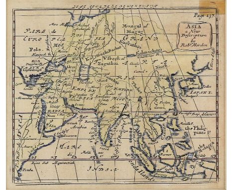 Late 17th century miniature map of "Asia, a new description" , page 237, by Robert Morden, hand coloured, 12 x 14 cms and wit