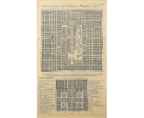 18th century map showing the plans of Old and New Peking with explanatory text by Thomas Kitchen circa 1750, 36 x 22 cms, not