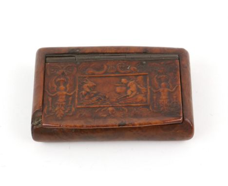 18th century burr walnut and tortoiseshell lined snuff box, the hinged cover carved with classical figures, masks, dolphins, 