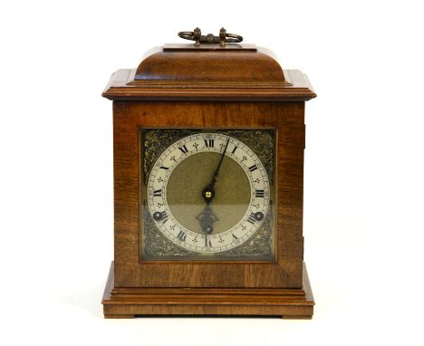 Mid 20th century Georgian style Westminster Chime oak bracket clock, movement stamped Perivale, silvered chapter ring with Ro