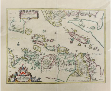 Map of the West Coast of Scotland titled 'Lorna', by J Blaeu, from Bleau Atlas of Scotland 1654, engraving, later hand-colour