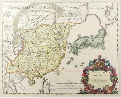 17th century map of China and Japan by Giacomo Rossi, scrolled cartouche surmounted by The Great Khan, emperor of China,  "il