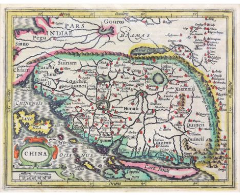 17th century map of China by G. Mercator - J. Hondius, 14.5 x 18.5 cms hand-coloured and with a mount. Oriented to the West. 