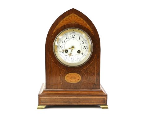 Late 19th / early 20th century French rosewood eight day lancet clock with satinwood and boxwood inlay, drum movement strikin