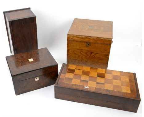 Late 19th/early 20th century lined oak box, h19.5cm x w31cm c d31cm, 19th century walnut writing slope, h17cm x w30.5cm x d23