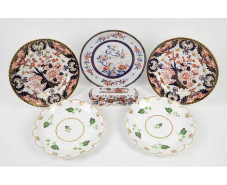 Two Royal Crown Derby Imari pattern plates, 26cm diameter, two Davenport plates, 24cm diameter, and an Ironstone Imari style 