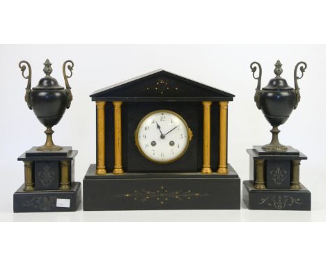 Late 19th century black slate mantel clock garniture of architectural form, the central clock in the form of a Classical temp