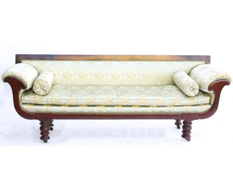 Late 19th century mahogany sofa, with floral upholstery, on turned legs and castors, H77 x W210 x D58cm 