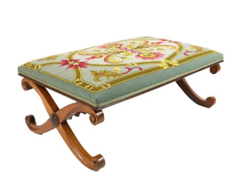 19th century rosewood X-framed stool with barley twist stretcher and tapestry seat, h39cm x w105cm x d64cm,