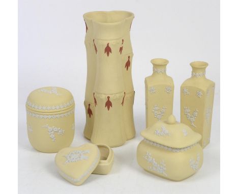 Wedgwood Primrose Yellow Jasper Ware to include jar and cover, 9.5cm, a pair of vases, h14cm, a bamboo vase, h20cm, and two o