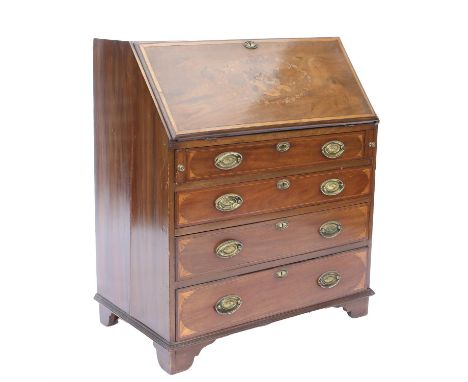 19th century inlaid mahogany bureau, the fall front with floral marquetry inlaid decoration revealing fitted interior, above 