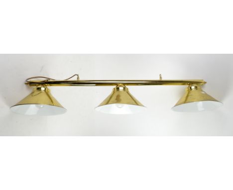 20th century brass and enamel three light bar pendant, H23 x W128cm
