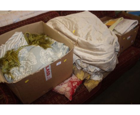 A box containing two pairs of John Lewis curtains; a king size velvet bedspread and two cushions etc