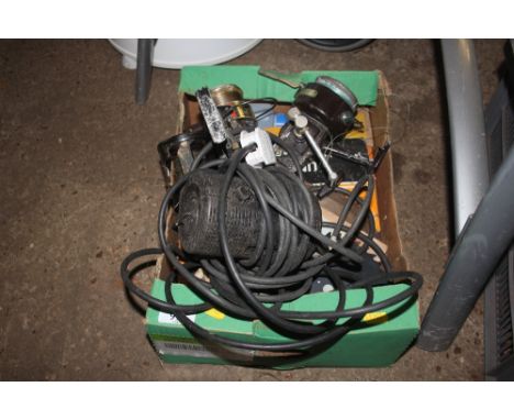 A box containing fishing reel; a pump; and tools 
