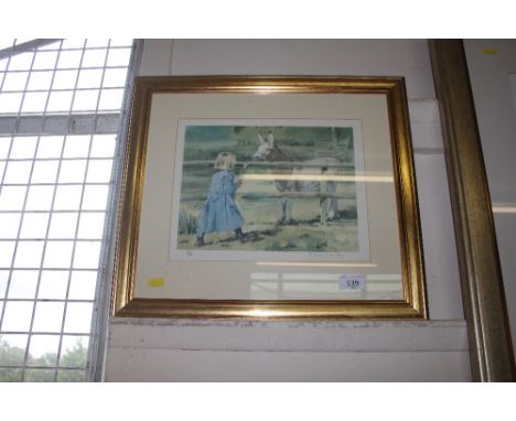 A gilt framed print after Mary Gundry depicting a girl on a donkey 