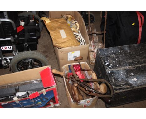 A box of various hand tools; and a box of light fittings 