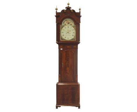 Early 19th century mahogany longcase clock, three brass finals above swan neck pediment with fluted pillar supports, figured 