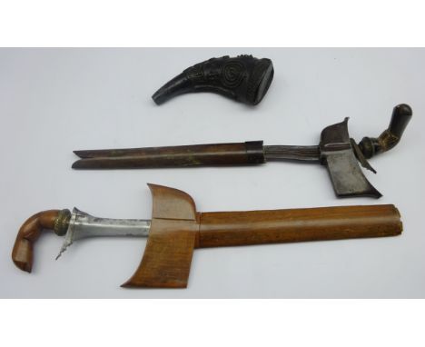 Malayan Kris with gilt metal mount and horn grip, one other Kris and carved powder flask Condition Report & Further Details C