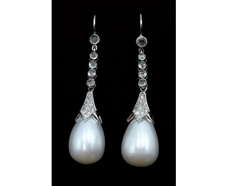 Pair of pearl and diamond 18ct white gold (tested) pendant ear-rings diamonds approx 0.6 carat  Condition Report & Further De
