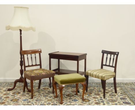 Early 20th century tea trolley with fold over swivel top, 20th century walnut standard lamp, two 19th century chairs, vintage
