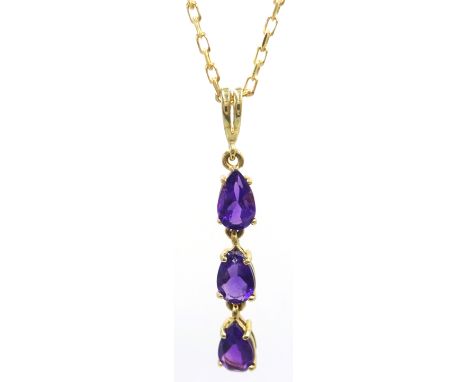 Gold three stone amethyst drop pendant necklace, hallmarked 9ct Condition Report & Further Details chain approx 2.8gm, pendan