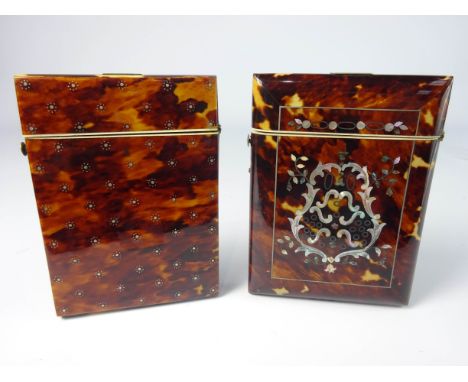 19th Century tortoiseshell visiting card case with silver pique work decoration 10cm and another tortoiseshell and mother of 