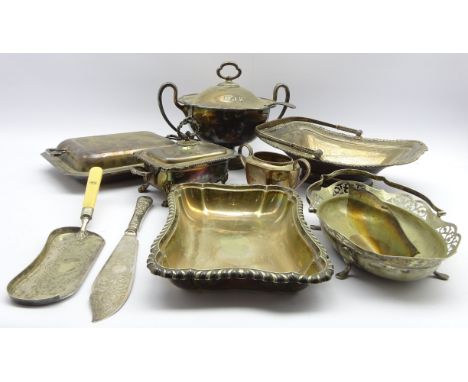 Plated two handled soup tureen cover with cover and ladle, plated sauce tureen and cover, plated fruit basket engraved with a