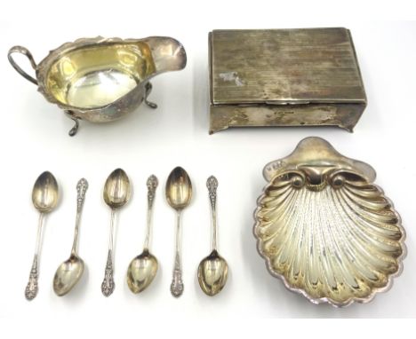 Silver scallop shell butter dish by Josiah Williams & Co, London, 1901, sauce boat, Sheffield 1933, set of six silver coffee 