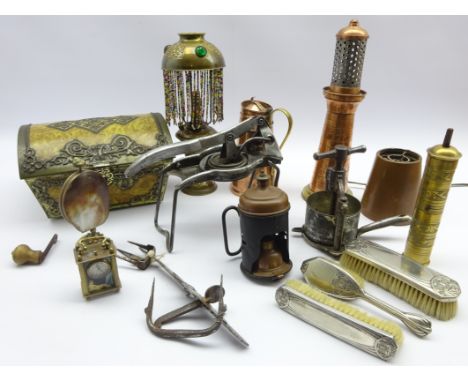 Architectural style metal candle stand, German oil lamp, small Omega carriage clock and other items Condition Report & Furthe