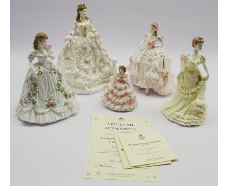 Two Royal Doulton figures 'Royal Debut', 'Cinderella'; Royal Worcester 'Lady Sophie and 'Queen of Hearts'; Coalport 'Rebecca'