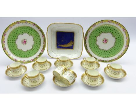 Nine Cauldon coffee cans and eight saucers with key pattern border, pair Japanese floral and gilded plates and 19th century F